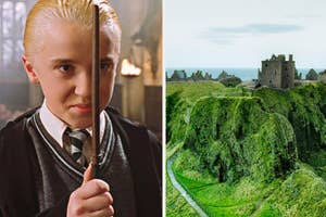 Draco Malfoy holding a wand; scenic view of an ancient castle on a green hillside