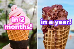 Left: Hand holding a single scoop of pink ice cream in a cone with text "in 2 months!" Right: Hand holding a cone with three scoops of chocolate ice cream and text "in a year!"