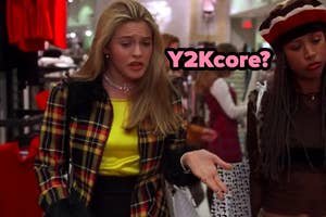 Cher from 'Clueless' in a plaid jacket and her friend Dionne are shopping, with a confused look and text "Y2Kcore?"