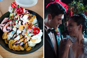 Two images: Left shows a sundae with assorted toppings; right depicts two actors in formal attire sharing a toast