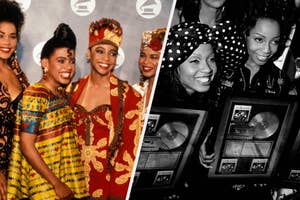 Group of four women posing with awards, wearing eclectic patterned dresses and headwraps