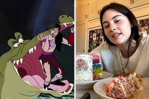 Character Captain Hook frightened by a crocodile on left; young woman smiling with a slice of multicolored sprinkle cake on right