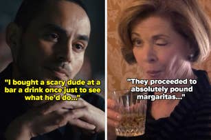 Split image of two people with contrasting quotes about buying drinks and margaritas