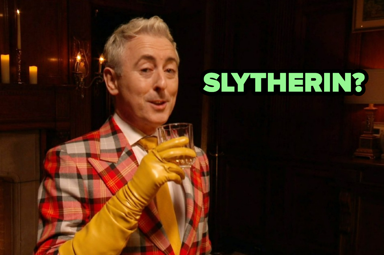 Alan Cumming wearing a plaid suit, holding a glass, with the caption "SLYTHERIN?"