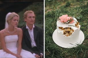 Split image: Left, characters from a film at a wedding; right, a slice of carrot cake with floral topping on grass