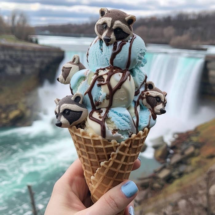 A hand holds an ice cream cone with scoops shaped like raccoons by a waterfall