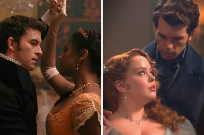 Stills from a period drama showing two couples in a ballroom setting, dressed in formal historical attire, engaged in dance