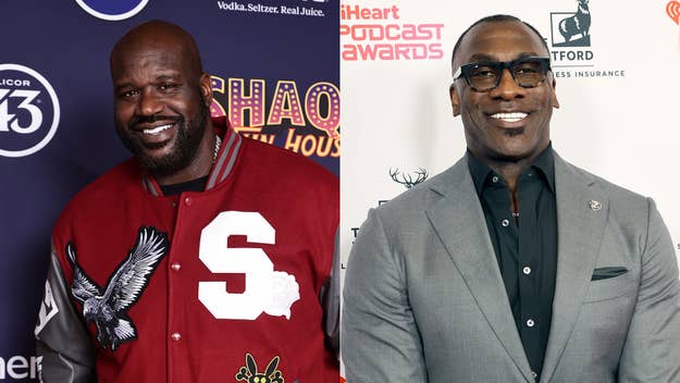 Shaquille O'Neal in a letterman jacket on the left, and Shannon Sharpe in a suit on the right