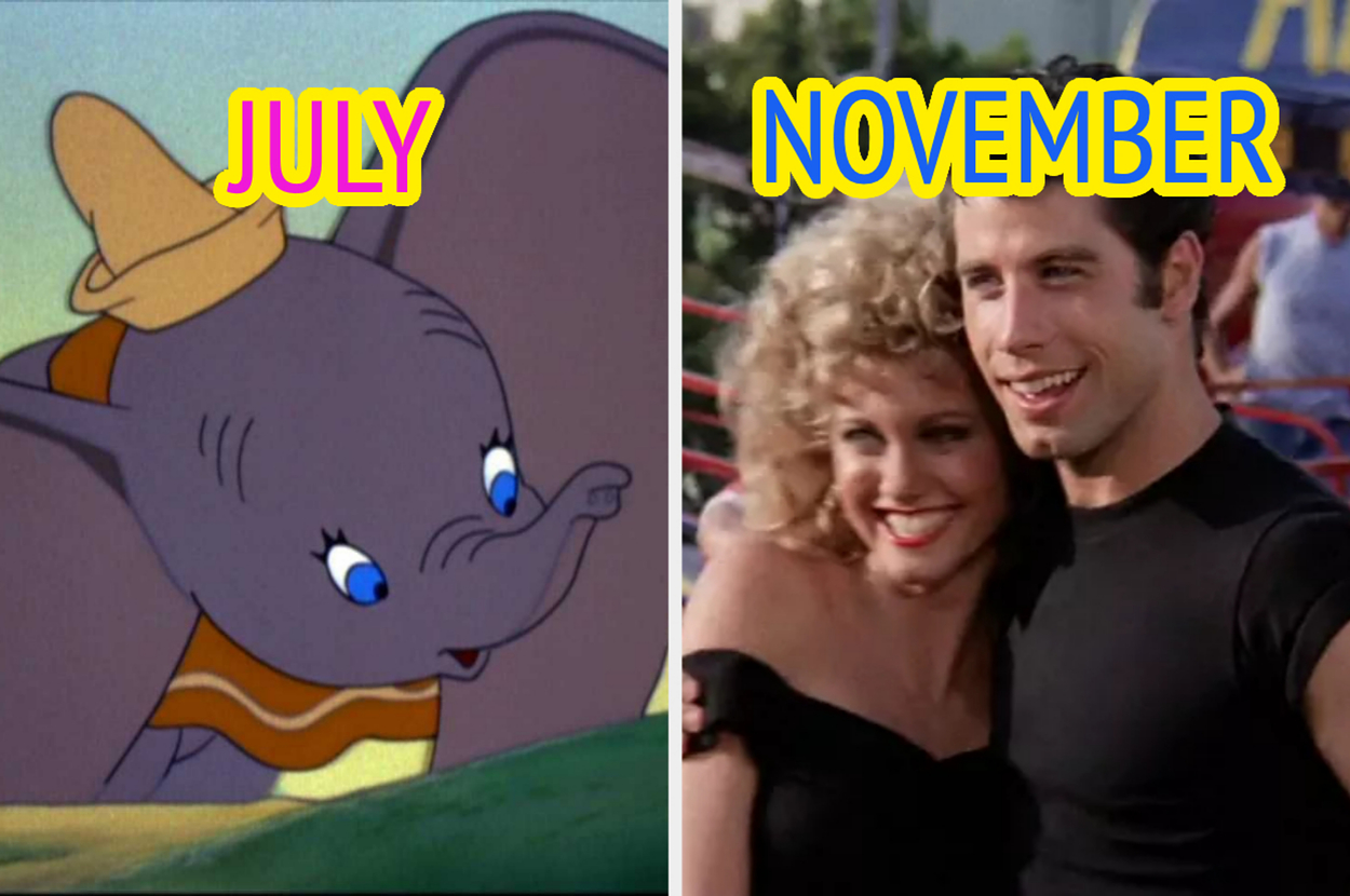 Left: Dumbo the animated elephant. Right: Olivia Newton-John and John Travolta smile together