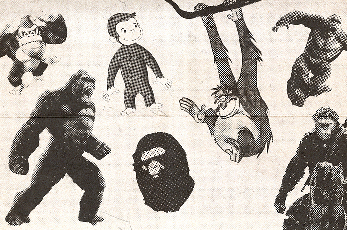 Illustration of various primates including a cartoon character, possibly Curious George, along with others resembling gorillas and orangutans