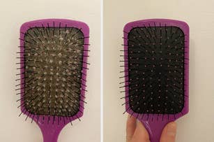 A used hairbrush on the left and a clean one on the right, highlighting before and after results
