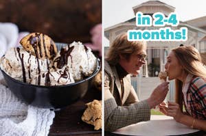 Bowl of ice cream on left, two people sharing ice cream on right with text "in 2-4 months!"