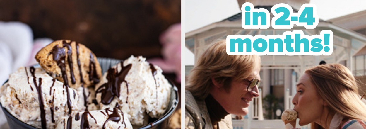 Bowl of ice cream on left, two people sharing ice cream on right with text "in 2-4 months!"