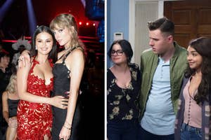 On the left, Selena Gomez and Taylor Swift posing together, and on the right, Alex, Luke, and Haley from Modern Family