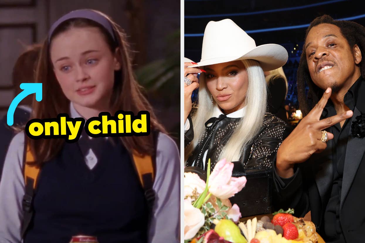 On the left, Rory Gilmore with only child typed under her chin, and on the right, Beyonce and Jay Z