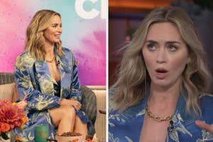 Emily Blunt in a blue floral blazer, on a talk show in one panel and in a close-up during a conversation in the other