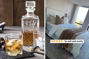 Left: A decanter and a glass with a drink. Right: Customer review of a well-made bed with pillows and a comforter