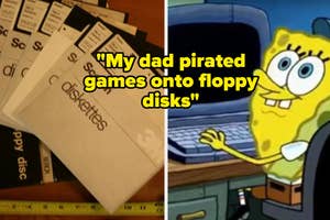 Assortment of labeled floppy disks; SpongeBob SquarePants at a computer with caption about pirated games