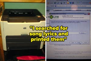Printer on a desk beside a screenshot of LimeWire PRO 4.14.10 software on a computer screen