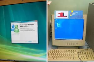 Old computer monitors displaying Windows XP, one running Windows Live Messenger installer