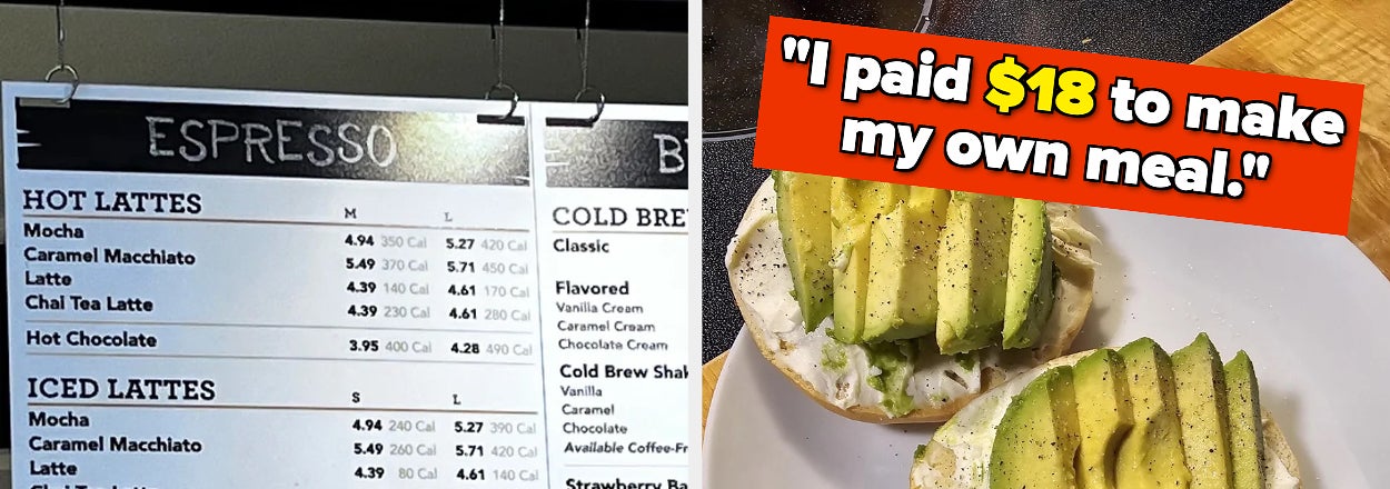 Image of a cafe menu board next to a plate with avocado on toast. Text overlay: "I paid $18 to make my own meal."