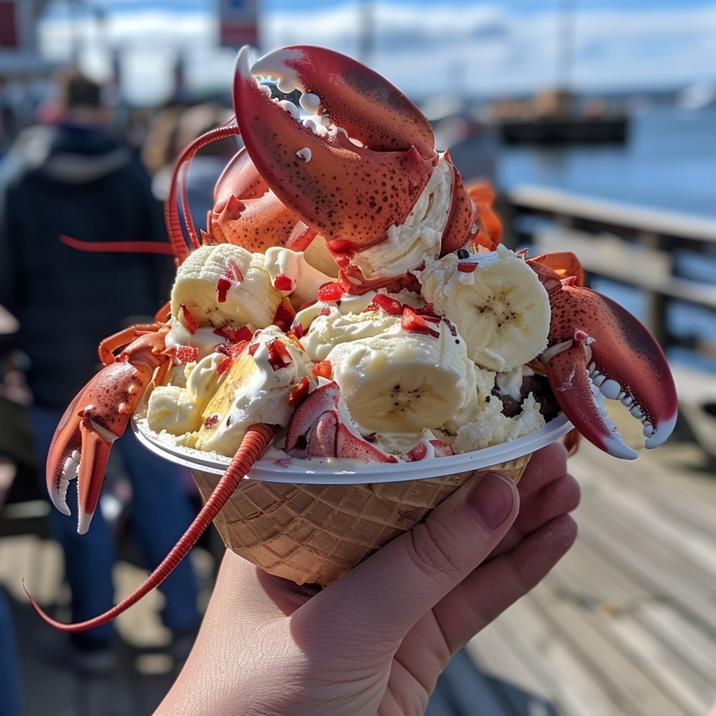 A person holds a waffle cone with ice cream and toppings, topped with a decorative lobster