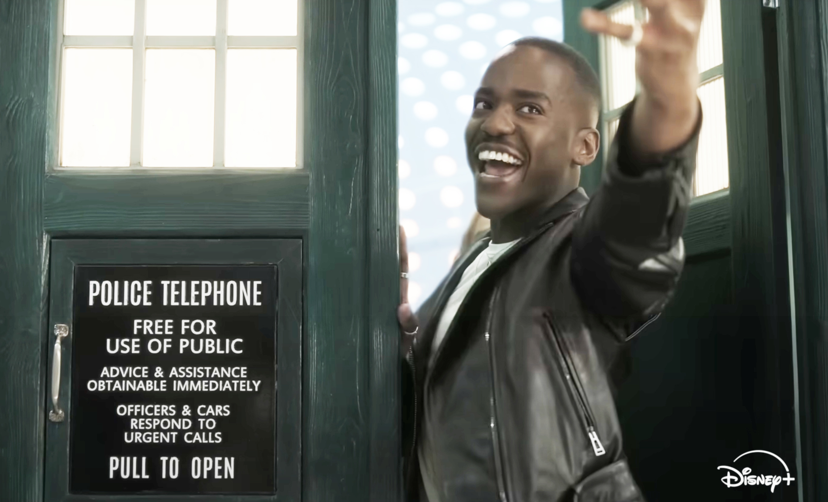 Ncuti Gatwa as the Doctor waving out the door of the Tardis