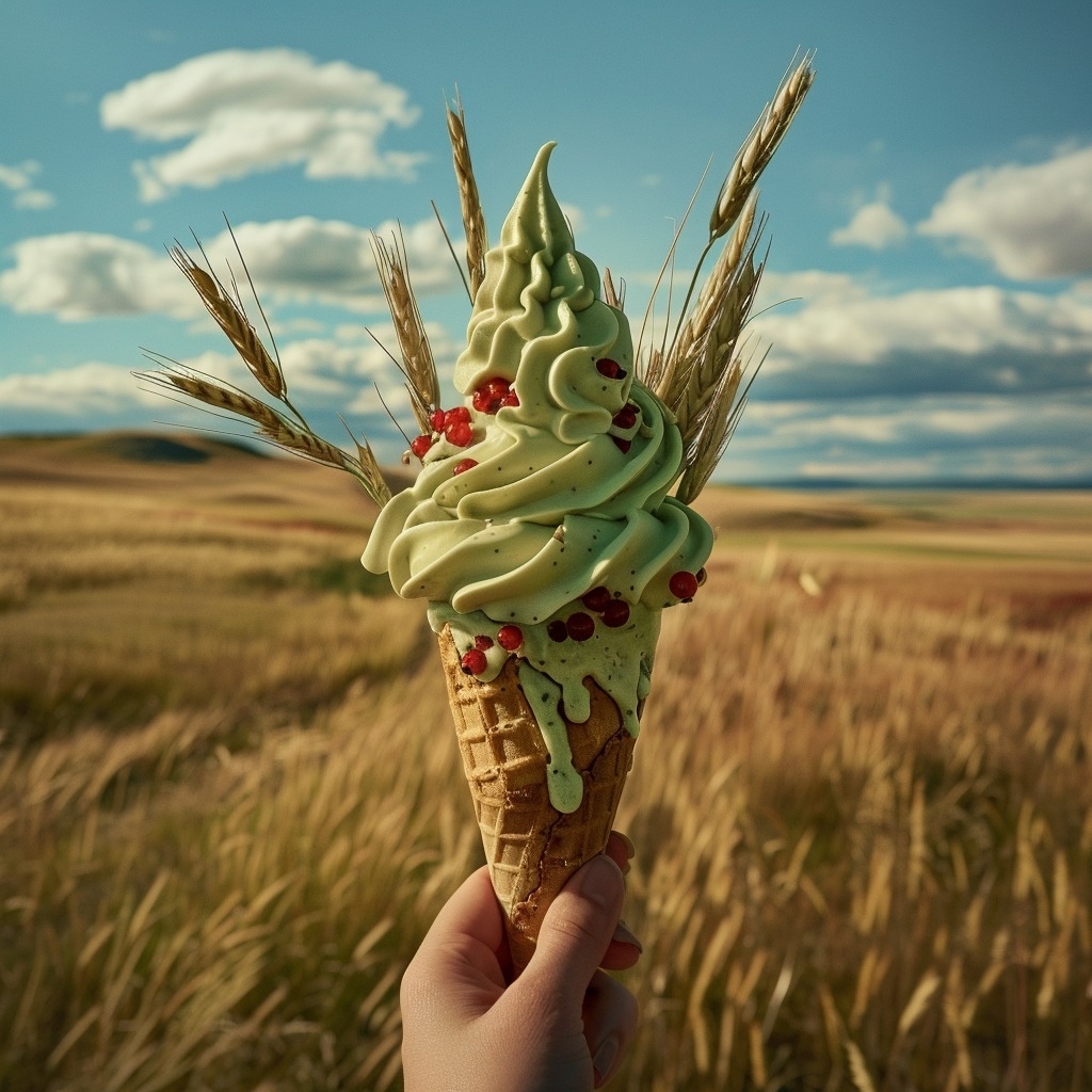 Hand holding an ice cream cone with wheat stalks, against a backdrop of a wheat field