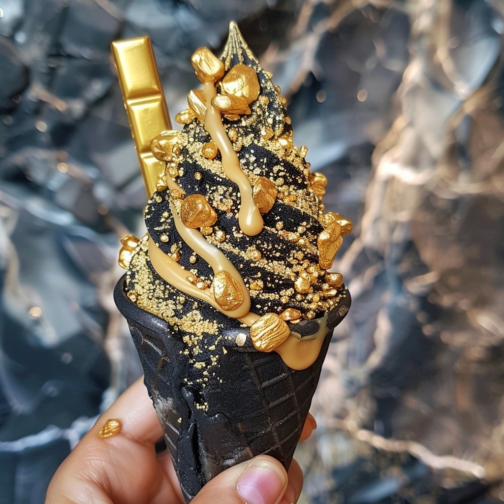 Hand holding a luxurious black ice cream cone with gold edible accents and a chocolate bar