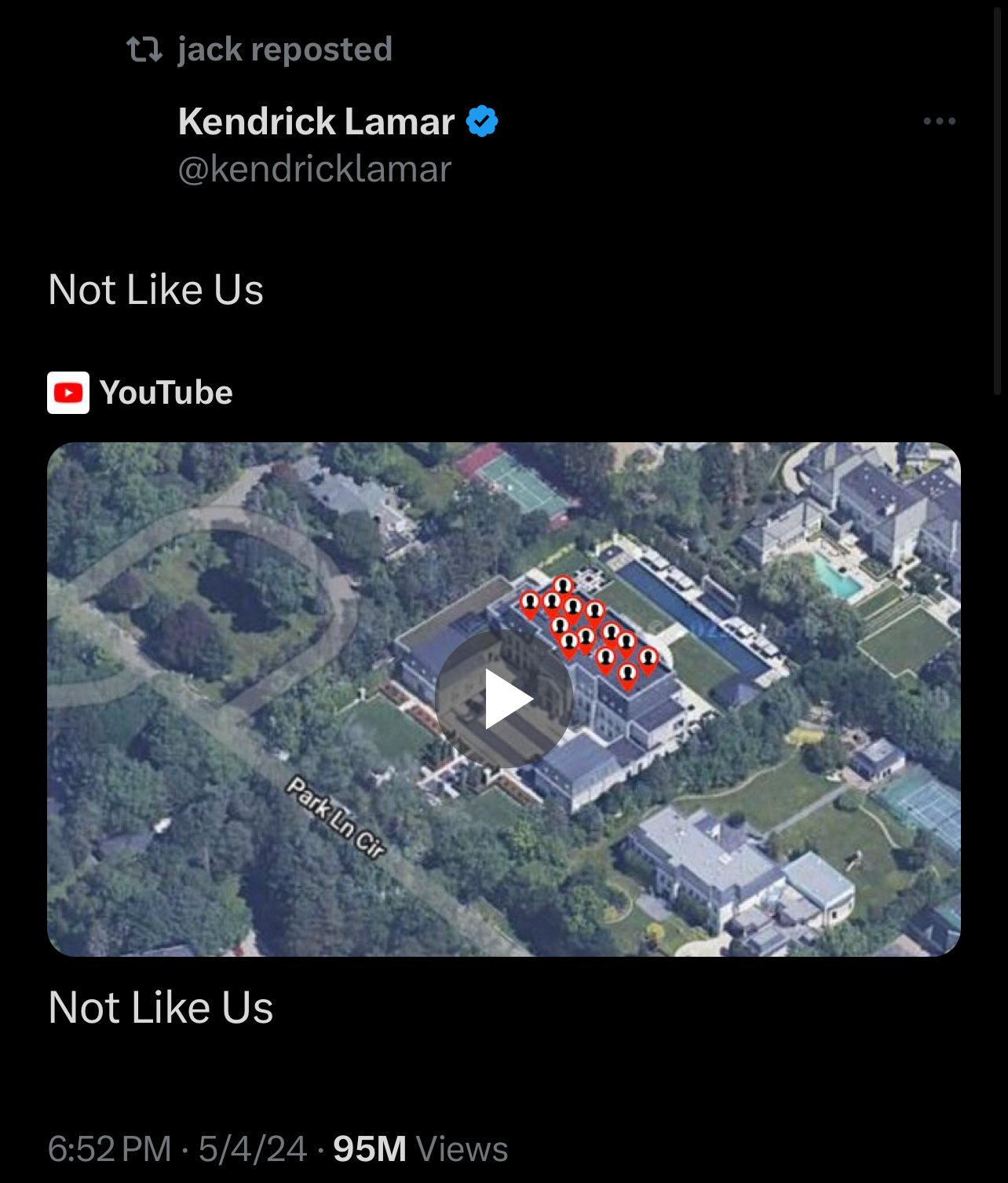 Aerial view of a large estate with markers over it, shared by Kendrick Lamar, relating to his song &#x27;Not Like Us&#x27;