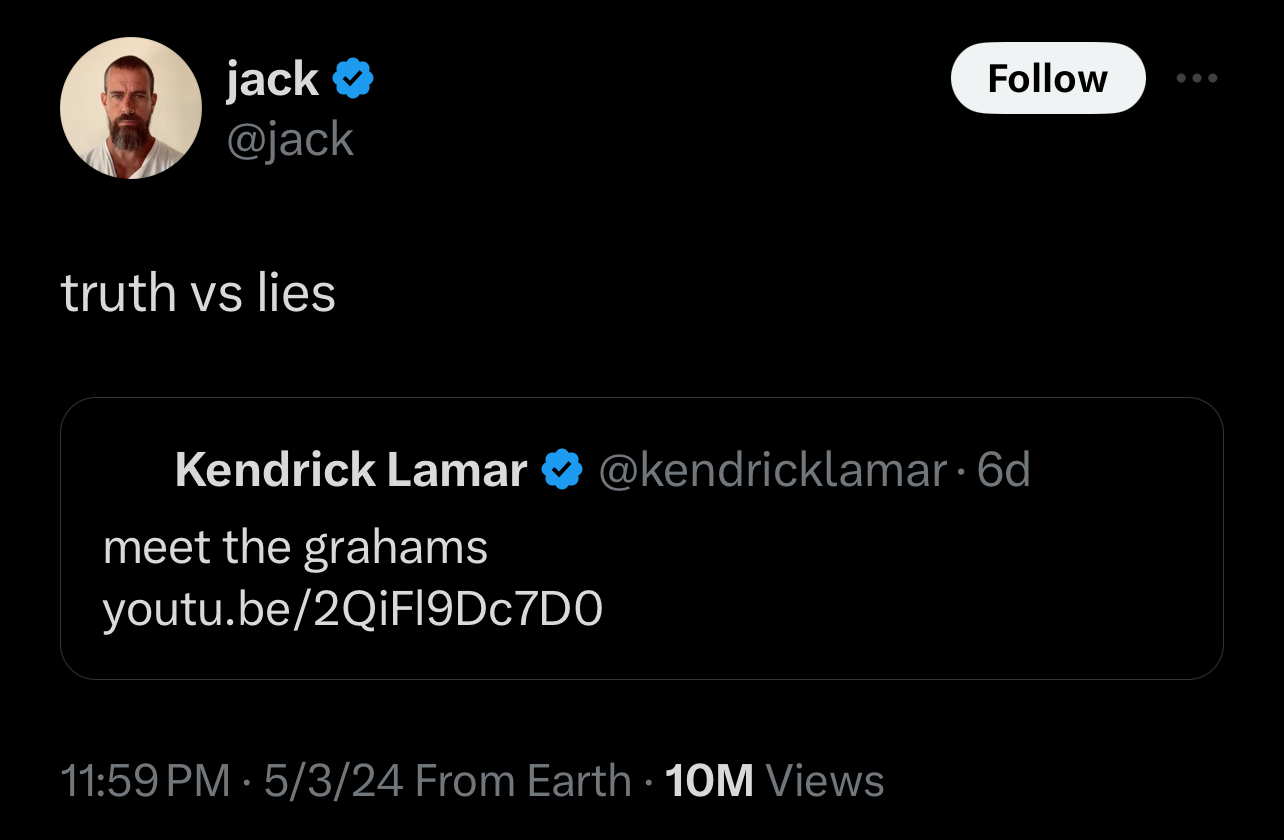 The image shows a Twitter exchange between users @jack and @kendricklamar, with @jack replying &quot;truth vs lies&quot; to Kendrick&#x27;s post
