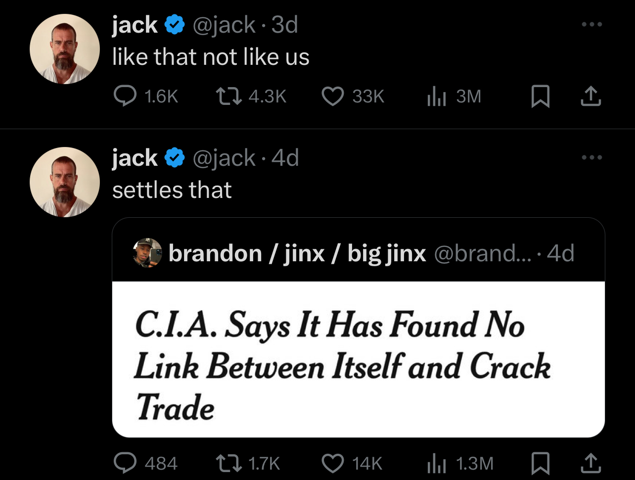 Screenshot of Twitter posts by users &#x27;jack&#x27; and &#x27;brandon / jinx / big jinx&#x27; discussing a C.I.A. statement denying a link to the crack trade