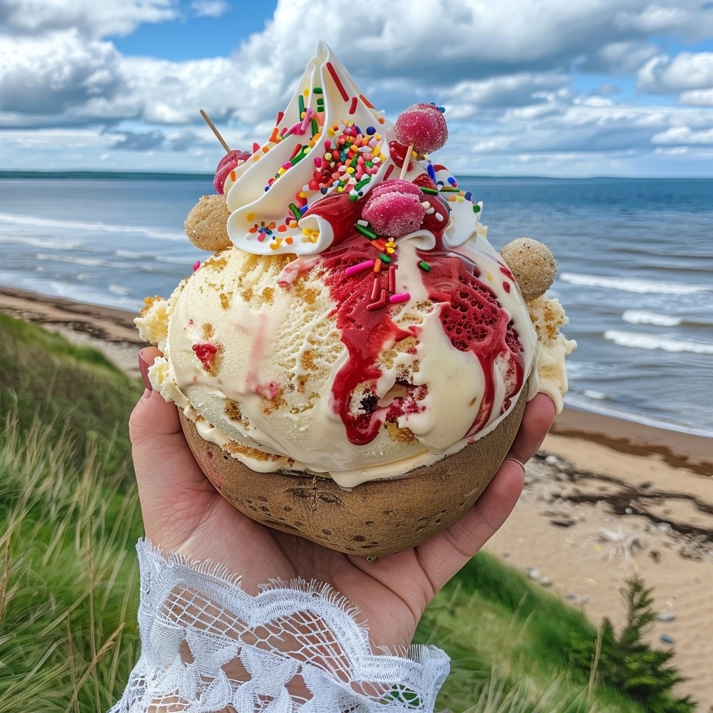 Hand holding an ice cream topped with sprinkles and candy near a beach