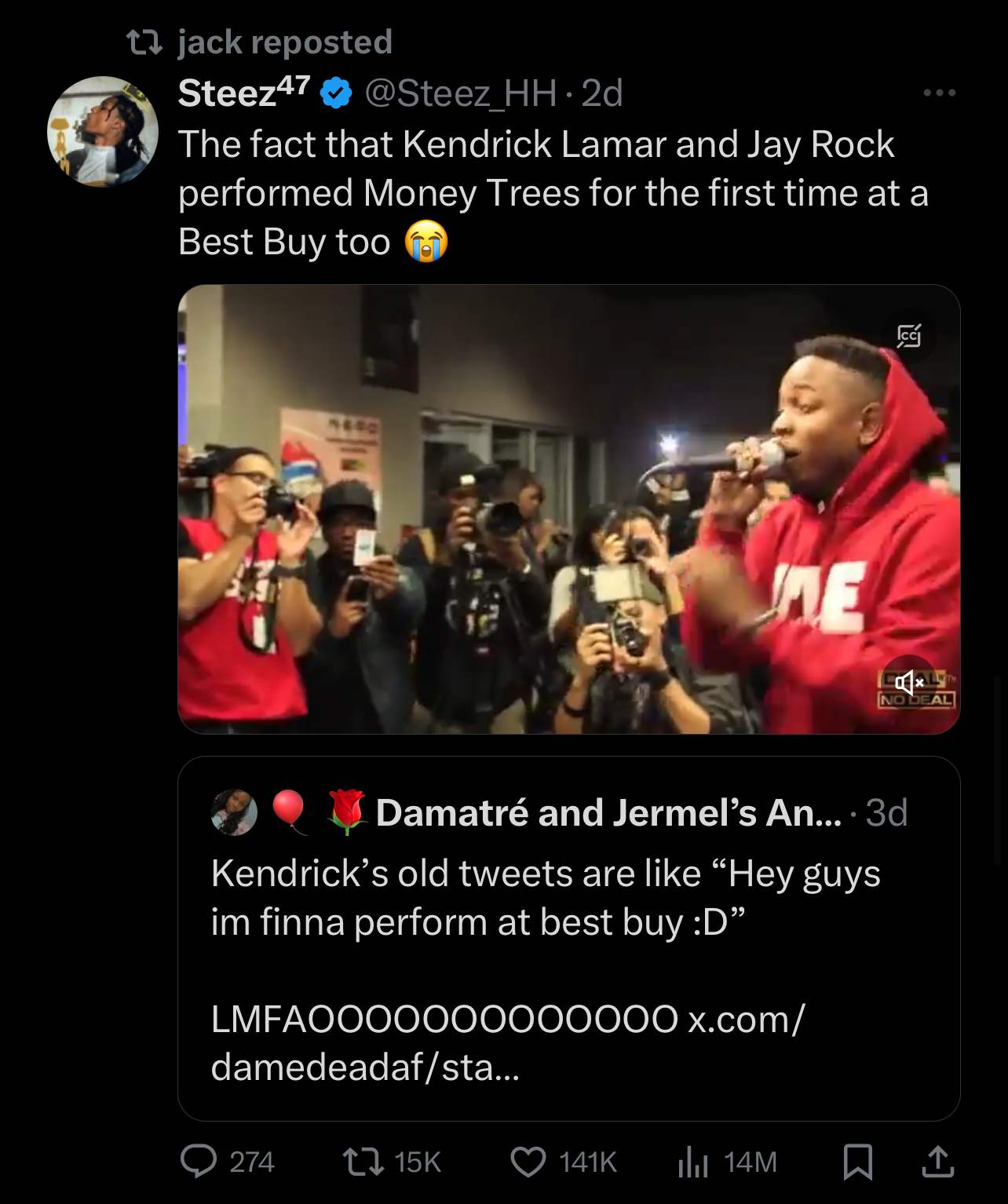 Kendrick Lamar and Jay Rock perform at a Best Buy, surrounded by fans recording on their phones