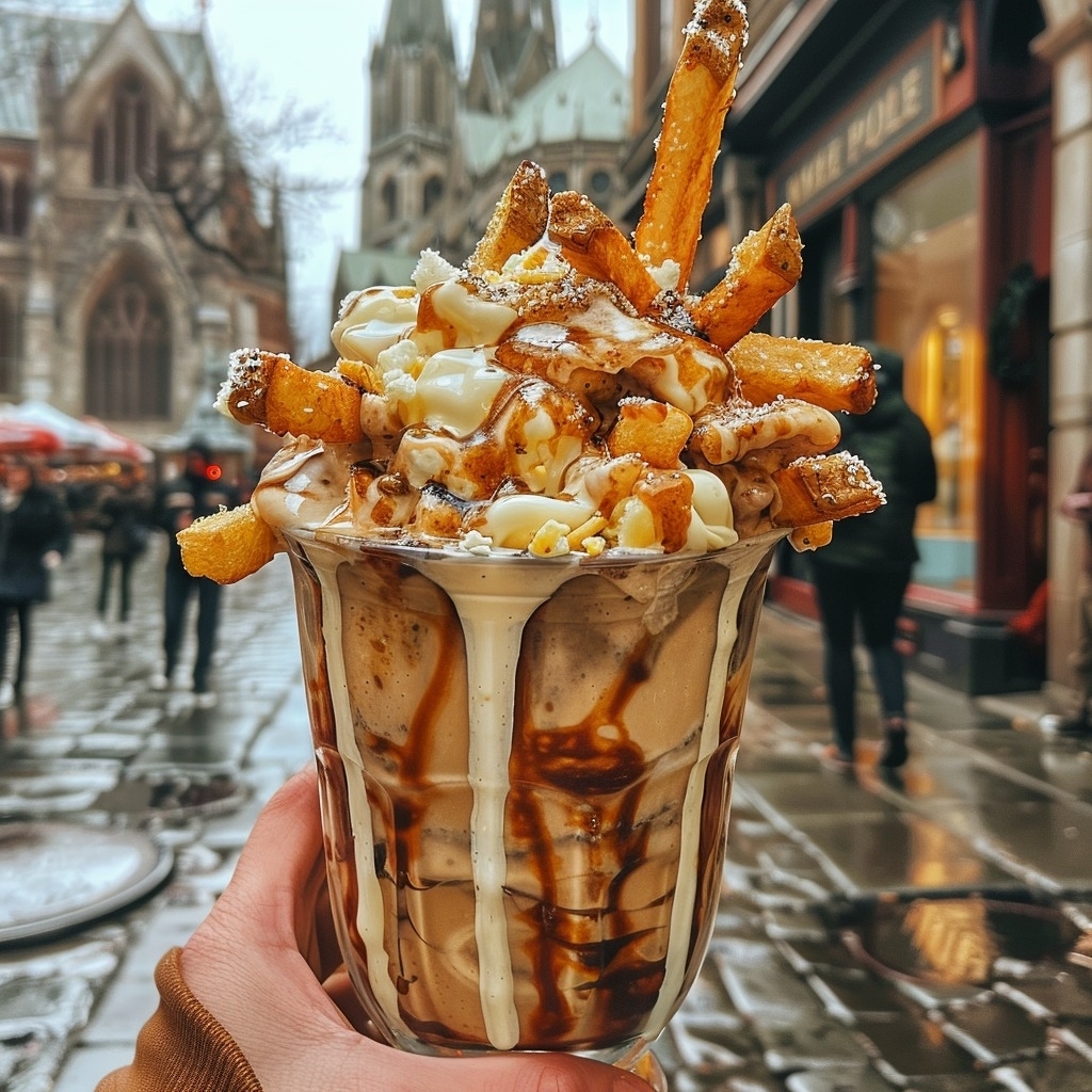 Hand holding a decadent milkshake topped with whipped cream, caramel, and French fries, in an urban setting