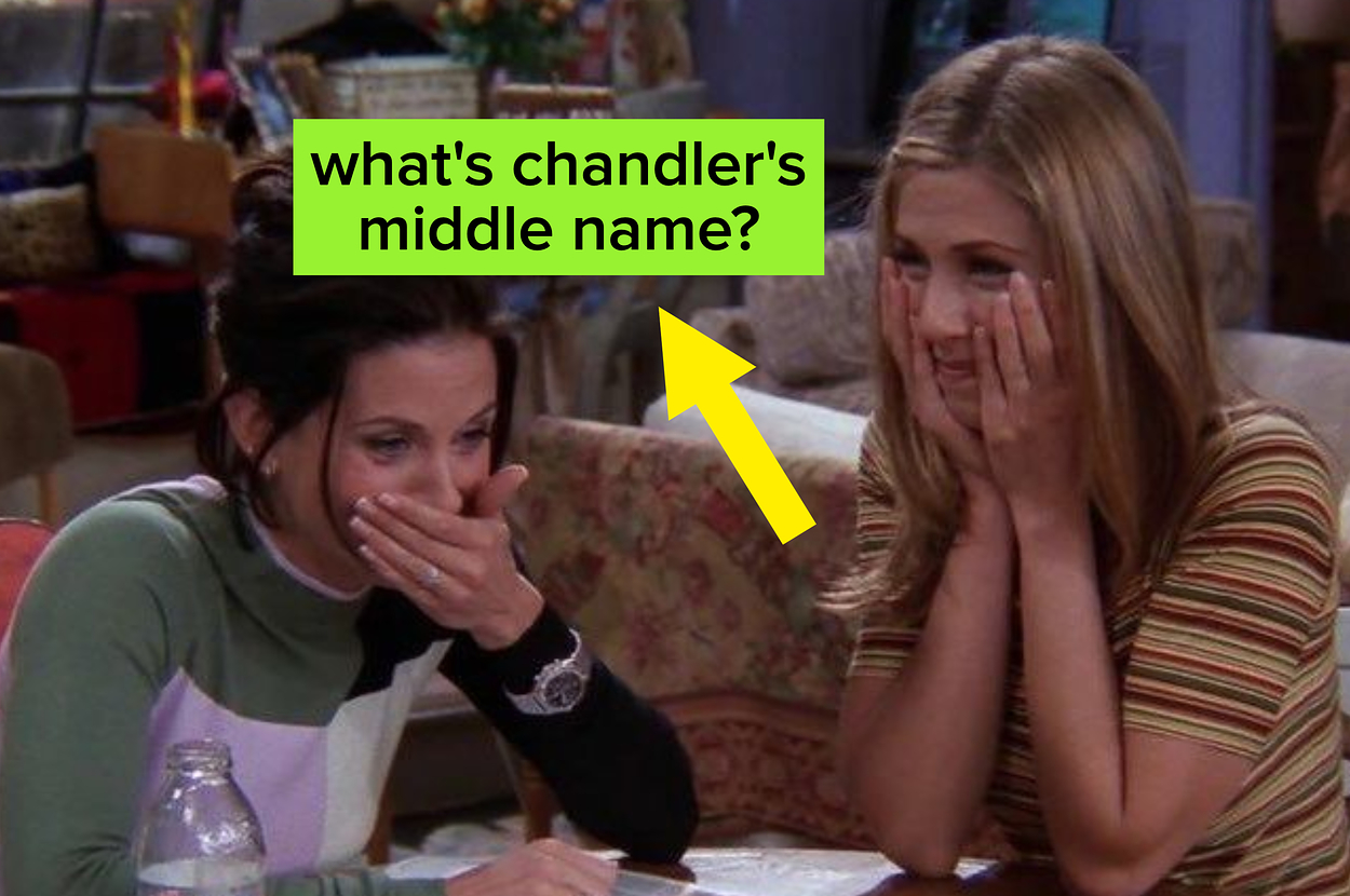 Monica and Rachel sitting on a couch with overlay text "what's chandler's middle name?"