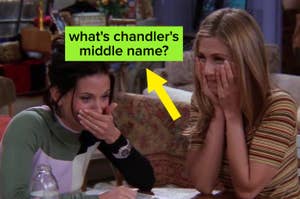 Monica and Rachel sitting on a couch with overlay text "what's chandler's middle name?"