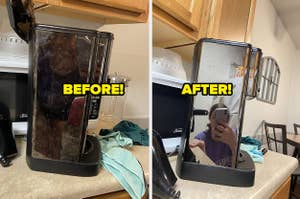 Side-by-side photos of a coffee maker before and after cleaning