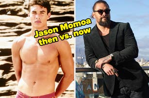 Split image of Jason Momoa, earlier photo shirtless and recent in a suit with sunglasses. Text: Jason Momoa then vs. now