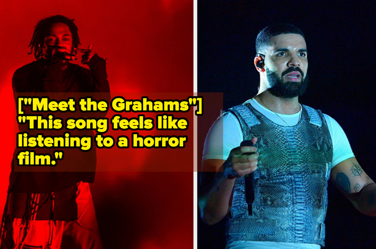 Kendrick Lamar performs on stage, and Drake wears a vest, with quotes from their songs overlaying each