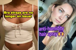 Two photos side-by-side; left shows a woman wearing a no-show strap bra, right features a woman with styled hair, text about anti-humidity spray