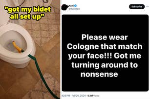 Meme with a bidet improvised using a toilet and garden hose, juxtaposed with a humorous text about cologne