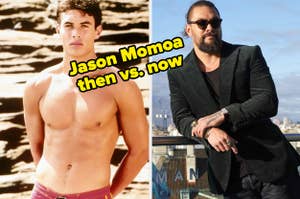 Split image of Jason Momoa, earlier photo shirtless and recent in a suit with sunglasses. Text: Jason Momoa then vs. now