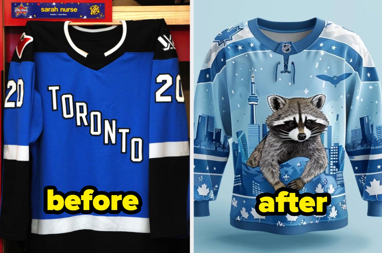 Two hockey jerseys displayed side by side with a graphic saying "omg"
