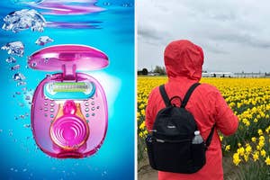 travel size razor, person wearing anti theft backpack while looking at flowers