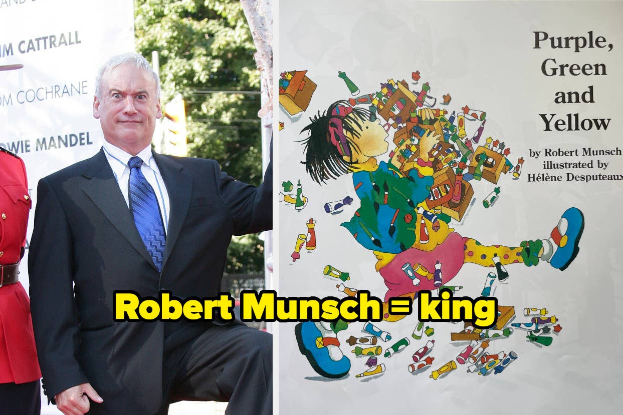 Man posing next to a tree with the text "Robert Munsch = king" and a book cover showing a child with markers