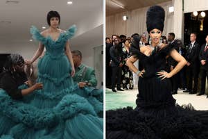 Left: Model prepares backstage in a voluminous teal gown. Right: Celebrity poses on red carpet in an elaborate black outfit