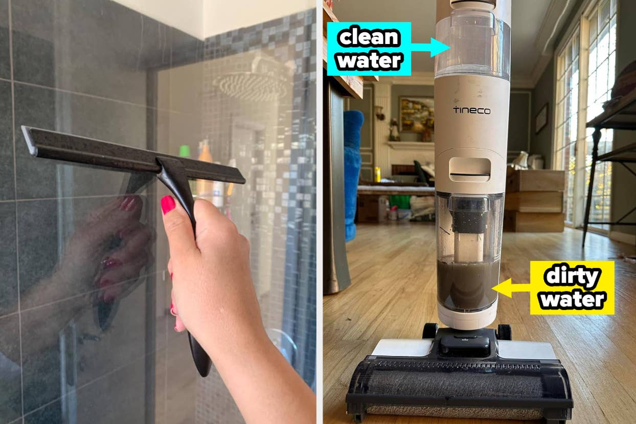 Person using a squeegee on a shower door and a Tineco wet vacuum with clean and dirty water compartments