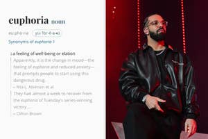 Drake sits pensively on stage wearing a black jacket with text, under a spotlight; adjacent is a dictionary entry for 'euphoria.'