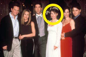 Cast of Friends TV show dressed for a formal event, with one character in a white wedding dress and tiara